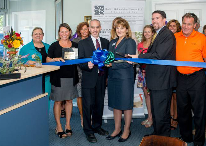 Shaffer, McLauchlin & Stover partners Brad Stover, Gina Shaffer and Eric McLauchlin (front row, center) were surrounded by friends and family during the September 23 ribbon-cutting ceremony to officially open the firm’s new office in Ocean City, Maryland. Front row, left to right: Terri Mahoney, Melanie Pursel and Greg Newman; Back row, left to right: Melissa McSorley, Joya Mattie and Ginger Fleming.