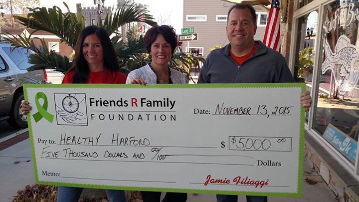 Sharon Lipford (center), executive director of Healthy Harford, accepts a $5,000 grant from the Friends R Family Foundation to promote suicide prevention in Harford County. The grant was presented by Kathy Walsh, treasurer/secretary of Friends R Family Foundation (left), and Jamie Filliagi, president, Friends R Family Foundation. (Photo courtesy of Friends R Family Foundation)