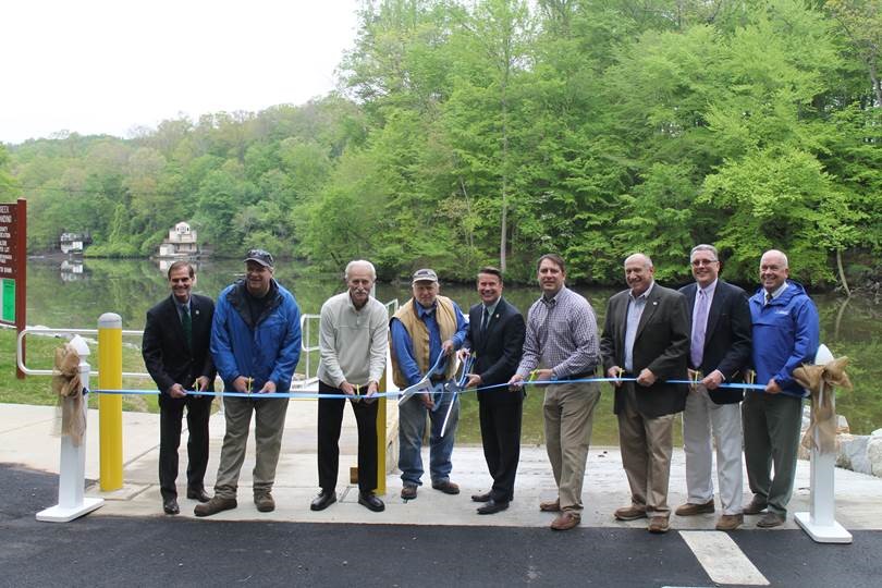 Pictured from left: Harford County Director of Administration Billy Boniface; Arthur Mansberger’s family members Glenn Mansberger, Frank Schmitz, and A. Glenn Mansberger; County Executive Barry Glassman; County Councilmen Chad Shrodes and Patrick Vincenti; Acting Director of Parks & Rec. Paul Magness, and Mark O’Malley, boating services director from the Maryland Department of Natural Resources
