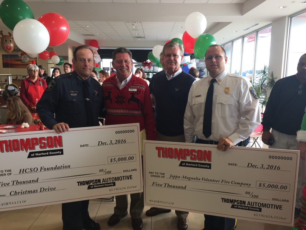 From left to right: Sheriff Jeff Gahler; Ron Filling, General Manager of Thompson Automotive; Fred Anderson, Dealer Partner of Thompson Automotive; Jason Freund, Assistant Fire Chief of Joppa-Magnolia Volunteer Fire Company