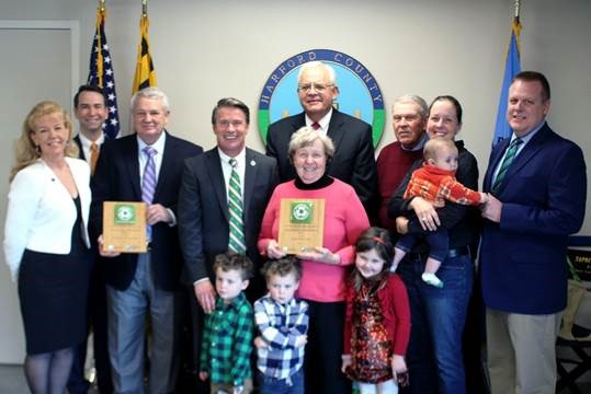Harford County recognizes its 2017 Business Recycling and Waste Reduction award winners. Pictured from left: Wendy Doring, Recycling Program Manager, Maryland Environmental Service; Roy McGrath, Director/CEO, Maryland Environmental Service; Lou Ward, Owner, The Bayou Restaurant; Harford County Executive Barry Glassman; Steve Tomczewski, Managing Director, Environmental Operations, Maryland Environmental Service; Janet Archer, Owner, Fawn View Manor Farm; James Archer, Owner, Fawn View Manor Farm; Mary Stewart, Owner, Fawn View Farm, with six-month-old Thomas Stewart; Jeff Schoenberger, Administrator,  Harford County Public Works. Front and center from left: Zachary (3), Bradley (3) and Abigail (5) Stewart. 