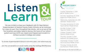 LISTEN AND LEARN TOUR DATES ANNOUNCED BY HARFORD COUNTY PUBLIC SCHOOLS SUPERINTENDENT BULSON