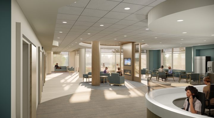 <br><br><strong>Behavioral Health Common Area: </strong>The common area supports self-contained, residential-like design elements in this rendering of a behavioral health common area at University of Maryland Upper Chesapeake Medical Center – Aberdeen. (Courtesy of Erdman)