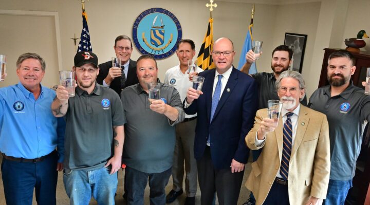 Harford County Executive Bob Cassilly, center right, and Director of Administration Rob McCord, front right, join DPW Director Joe Siemek , left, to congratulate the team from the Abingdon Water Treatment Plant on their recent awards for Harford’s drinking water. The team earned Best in Show in the American Water Works Association’s regional taste test challenge during the Chesapeake Tri-Association Conference in Ocean City, Md. in late August.