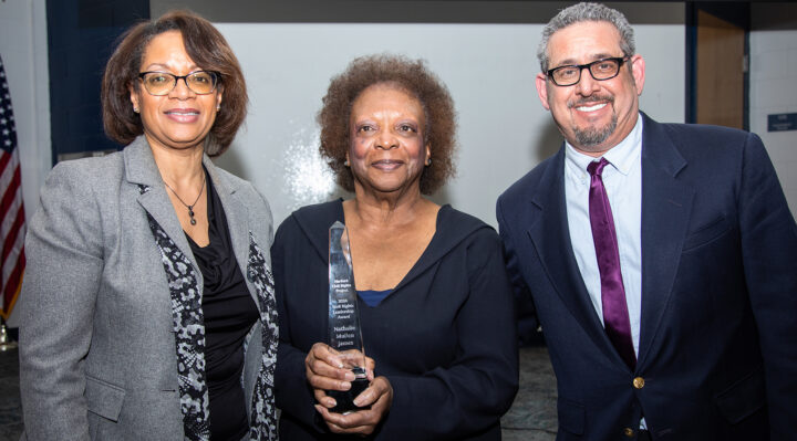 Photo Credit: Ujen Jonchhe
Pictured: (L to R) Dr. Theresa B. Felder, Harford Community College President; Nathalie Mullen James; Dr. James Karmel, Harford Civil Rights Project (HCRP) Director and Professor of History at Harford Community College
